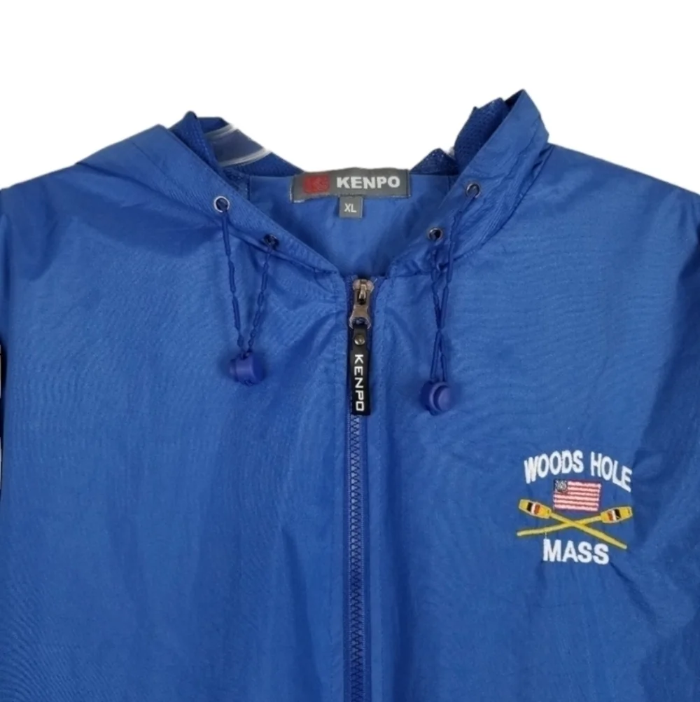 Woods Hole Mass Windbreaker Jacket Full Zip Kenpo Mens Size XL Blue Hood Stripe